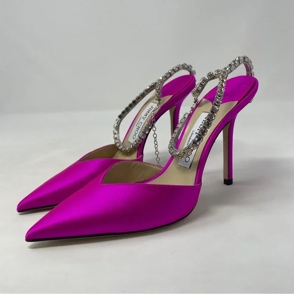 Jimmy Choo Saeda‎ 100mm Ankle Strap Pumps in Fuschia Satin with Crystal Chain - Picture 9 of 16